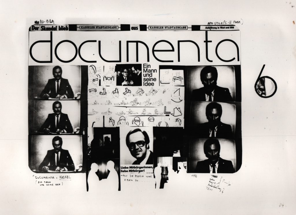 Large white sheet with collage of photos and text fragments.