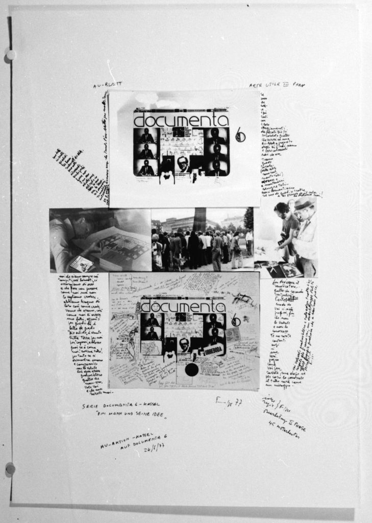 Large sheet with small sized former sheets, photo collages and handwritten text around.