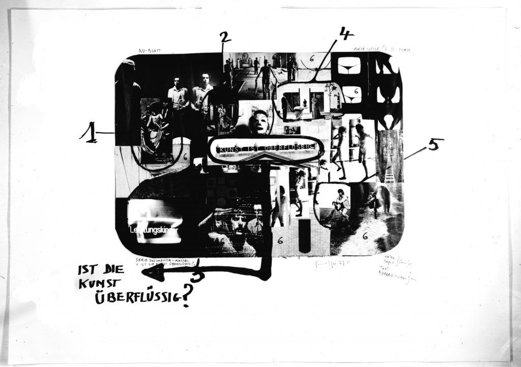 Large white sheet with collage of photos and text fragments.