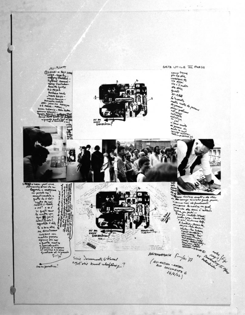 Large sheet with small sized former sheets, photo collages and handwritten text around.