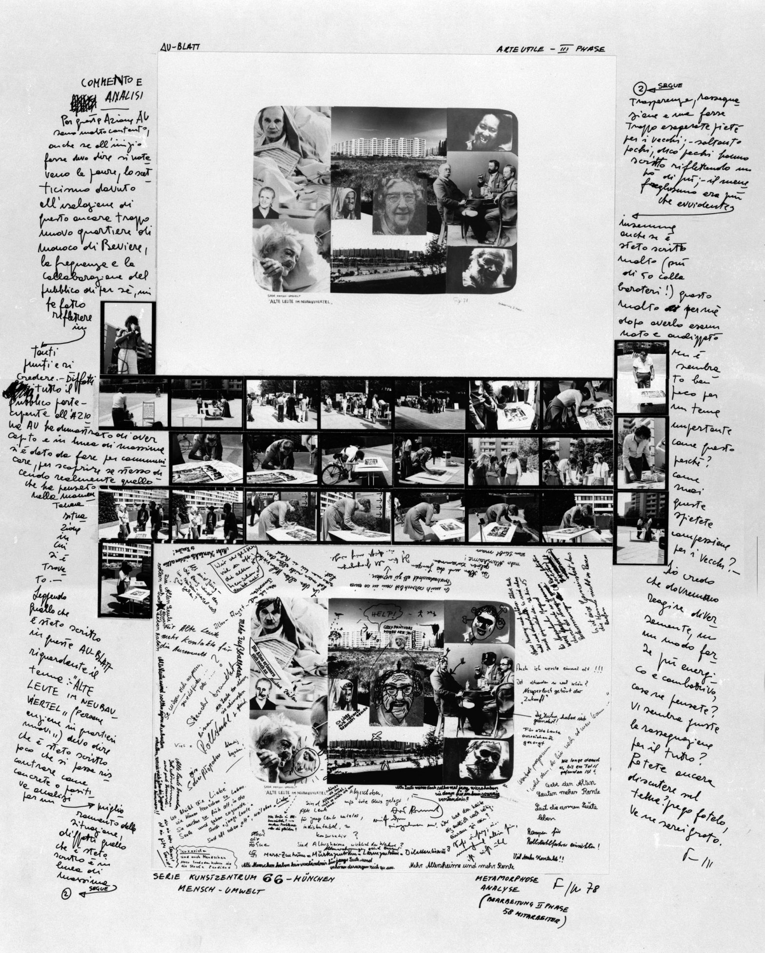 Large sheet with small sized former sheets, photo-collages and handwritten text around.